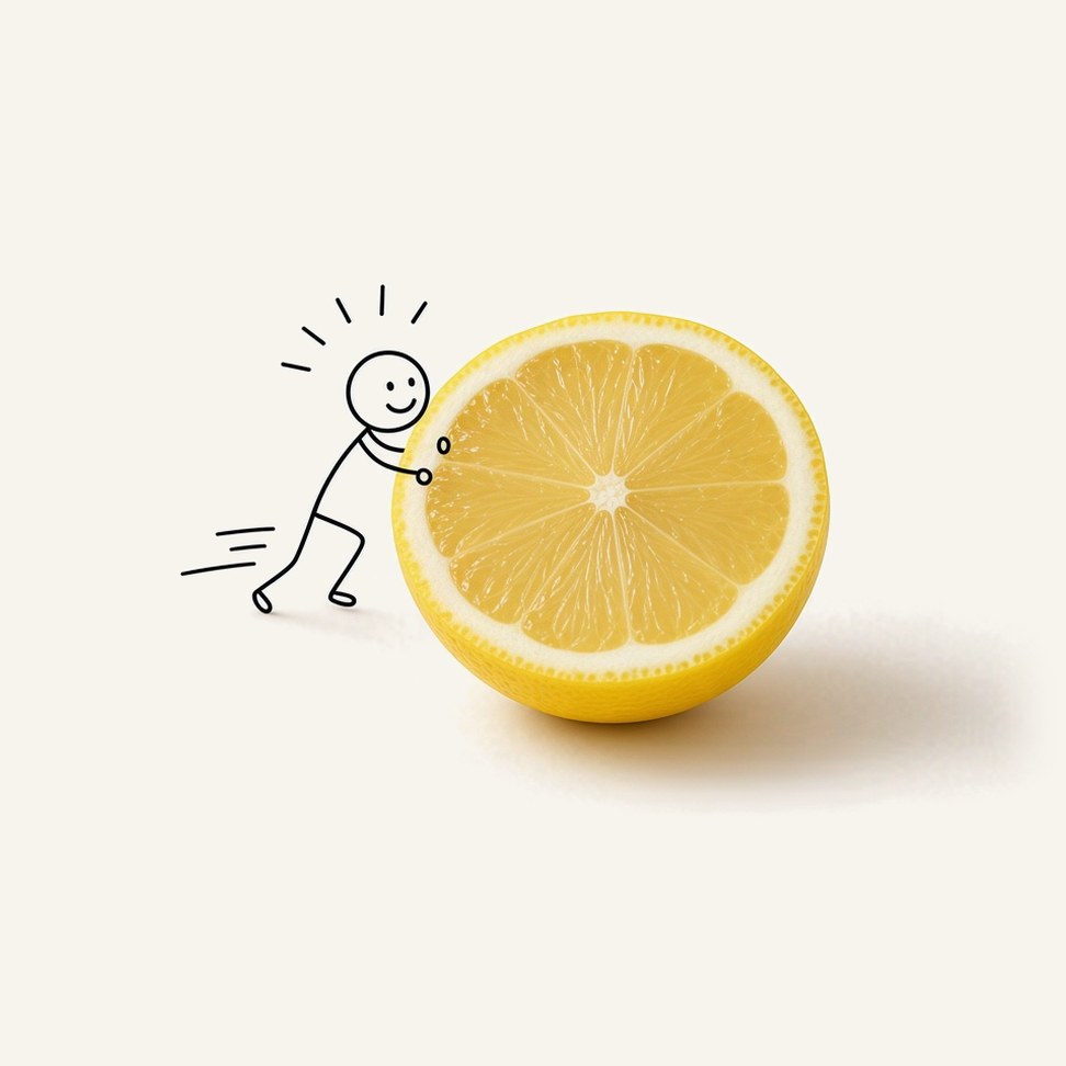Eureka Lemon Juice — fruit illustration with a line-drawn figure
