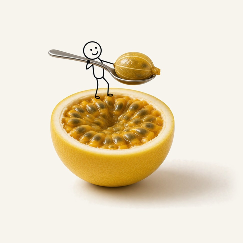 Golden Passion Fruit Juice — fruit illustration with a line-drawn figure