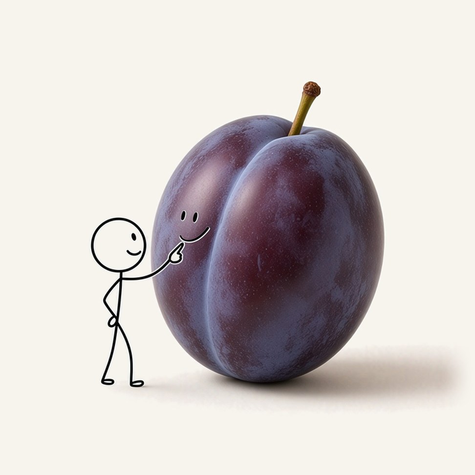 Plum Juice — fruit illustration with a line-drawn figure