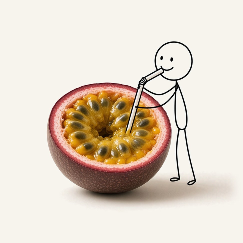 Purple Passion Fruit Juice — fruit illustration with a line-drawn figure