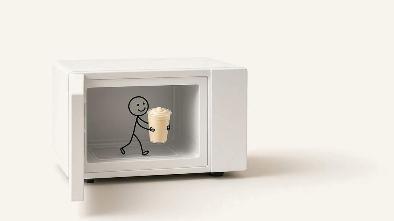 Microwave smoothies: open microwave with a line-drawn figure carrying out a cup