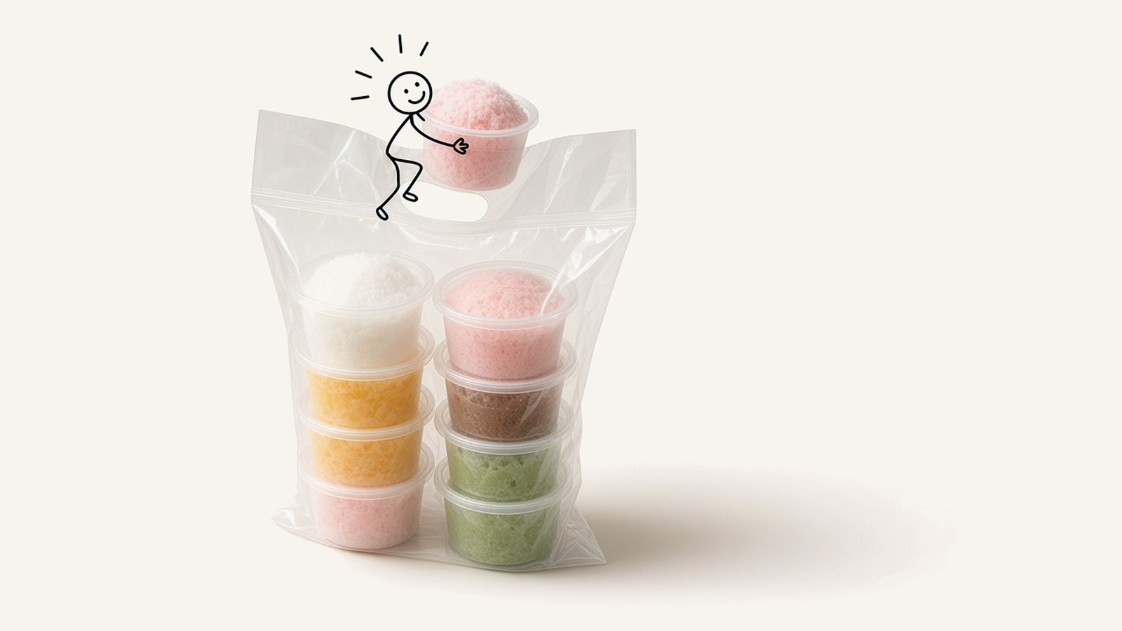 Clear carry bag of stacked snow ice blocks, with a line-drawn figure climbing out holding one