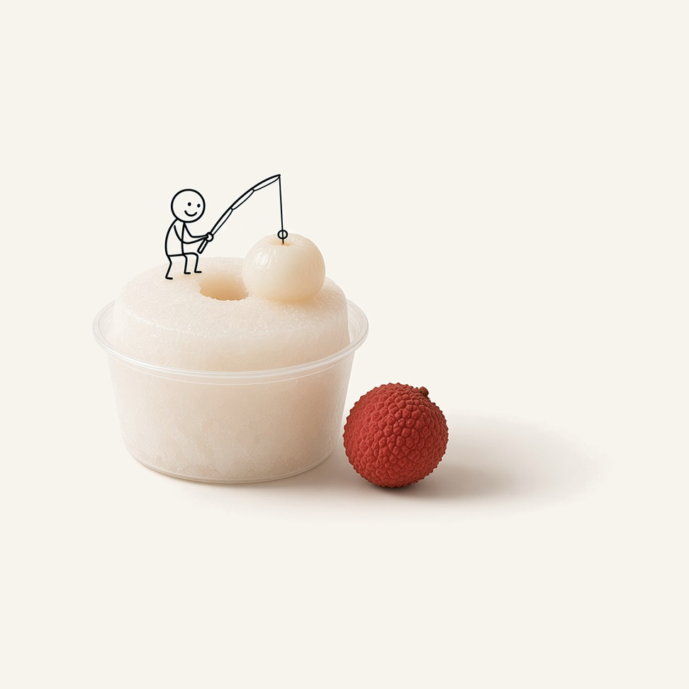 Lychee snow ice block in a clear cup, with a line-drawn figure on top