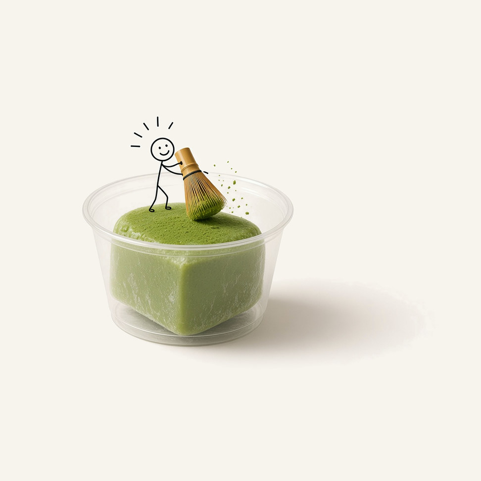 Matcha snow ice block in a clear cup, with a line-drawn figure on top
